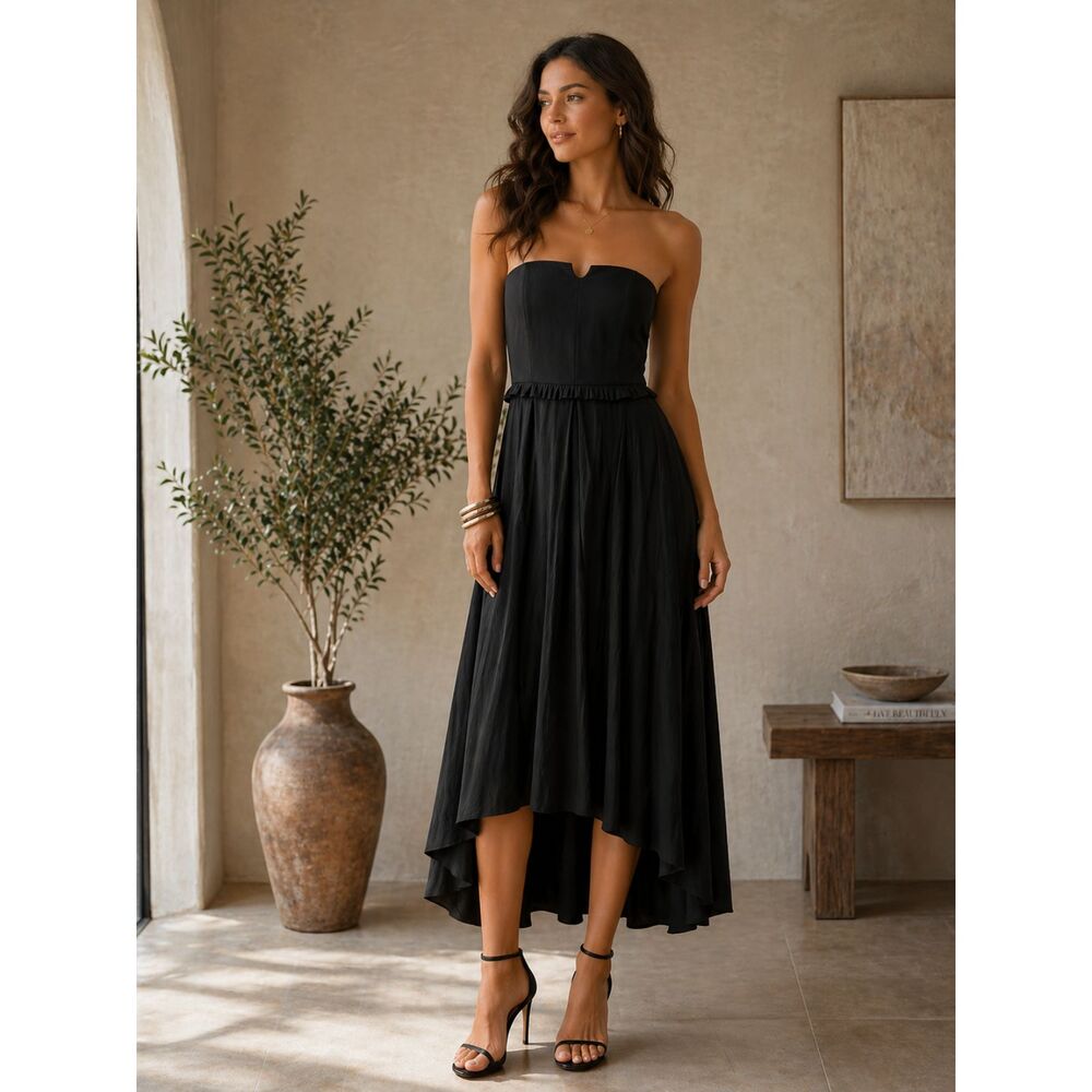 Elizabeth & James Strapless Black Midi Dress High Low Formal Chic w Pockets Sm